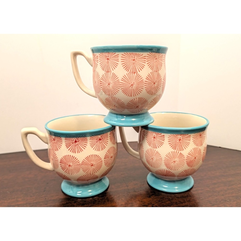Set of 3, Pioneer Woman, Happiness Red, Turquoise Coffee Mugs RETIRED PATTERN